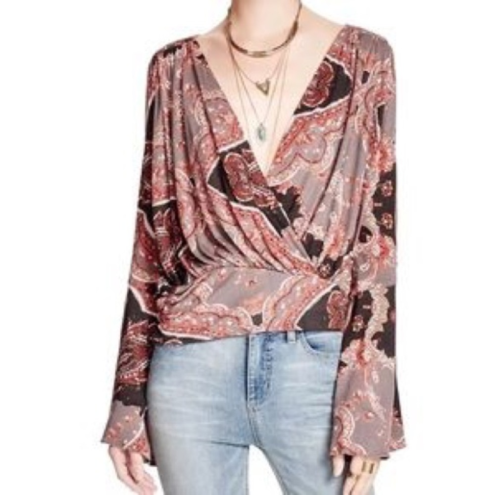 Free people red & brown paisley wrap shirt